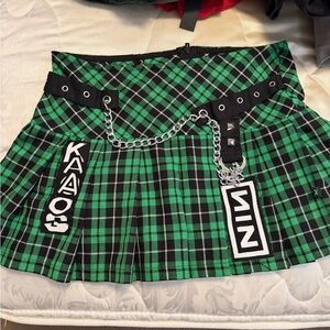 Royal Bones Green Plaid Pleated Mini Skirt with Chain & Patch Details
